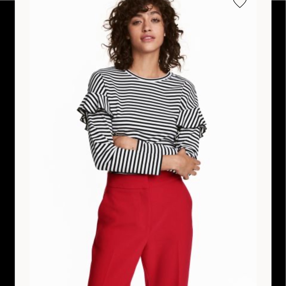Striped Long Sleeve Ruffled Shoulder top size M